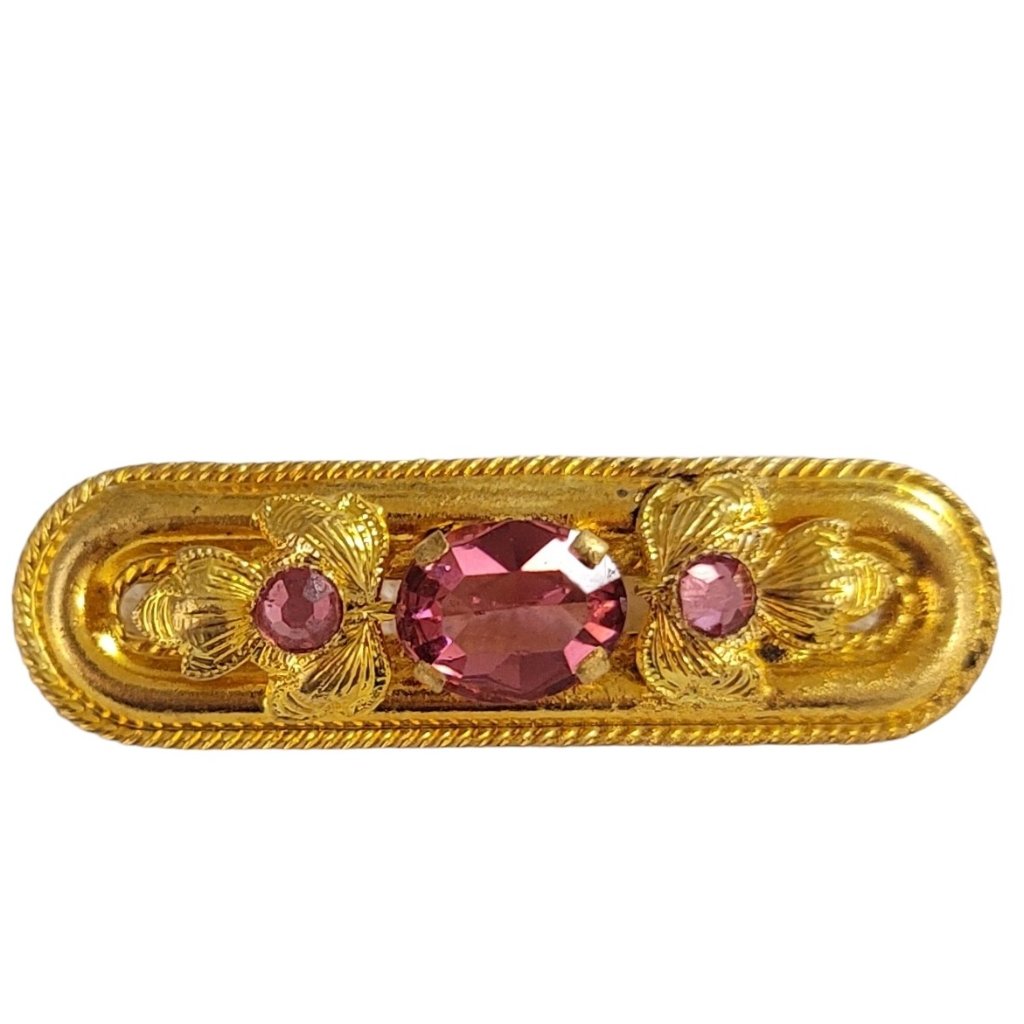 Czech Gold Tone Pink Rhinestone Leaf Bar Pin K969 24$